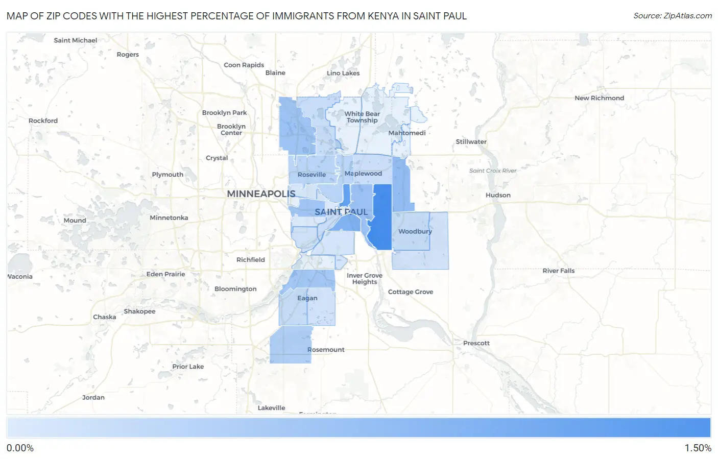 Zip Codes with the Highest Percentage of Immigrants from Kenya in Saint Paul Map