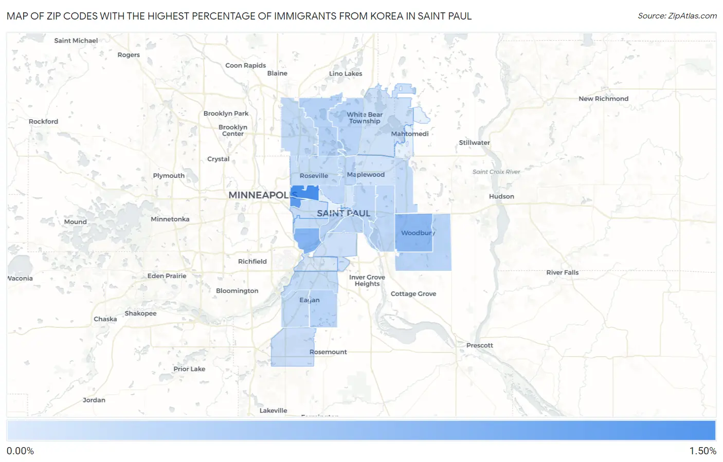 Zip Codes with the Highest Percentage of Immigrants from Korea in Saint Paul Map
