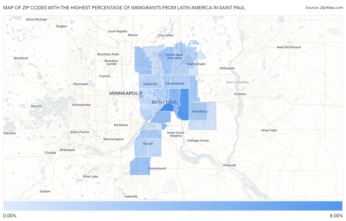 Zip Codes with the Highest Percentage of Immigrants from Latin America in Saint Paul Map