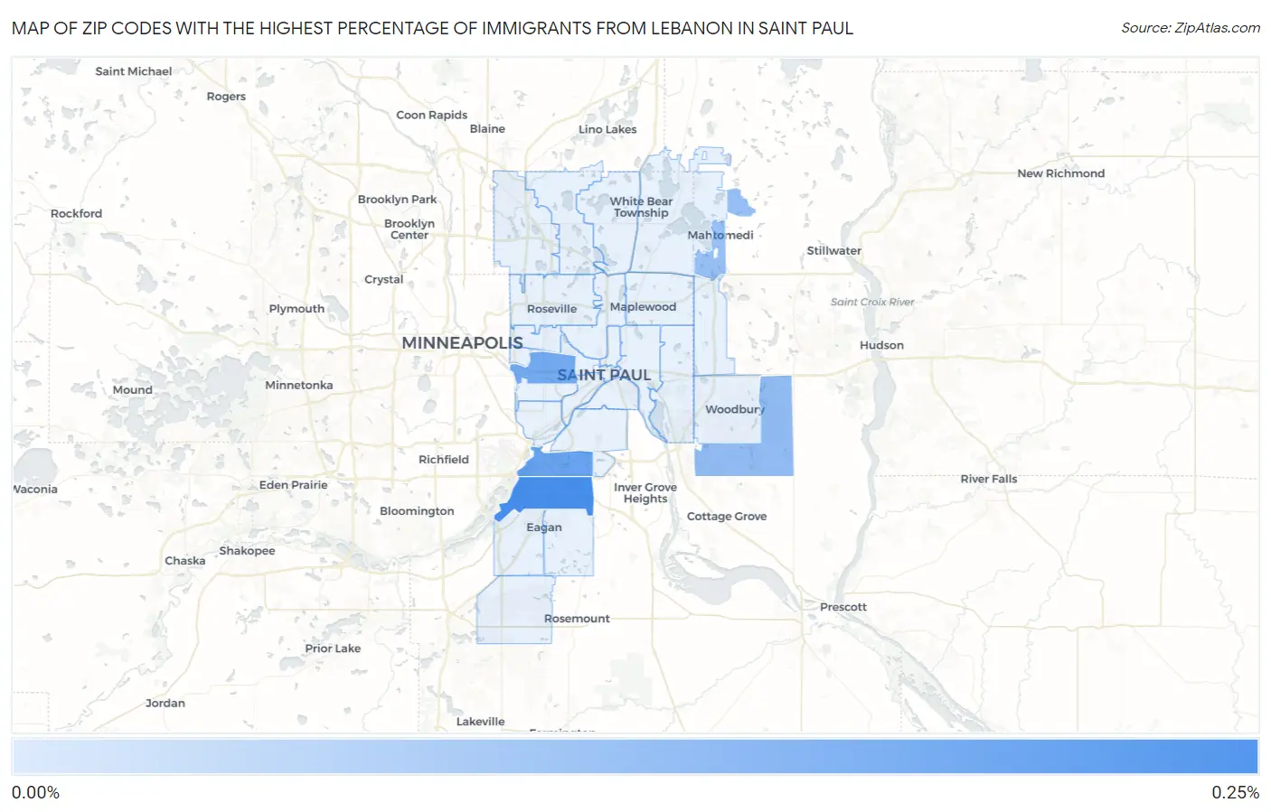Zip Codes with the Highest Percentage of Immigrants from Lebanon in Saint Paul Map