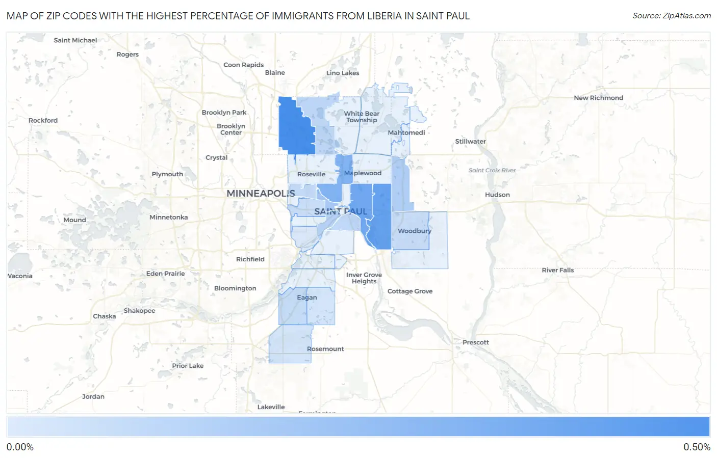 Zip Codes with the Highest Percentage of Immigrants from Liberia in Saint Paul Map