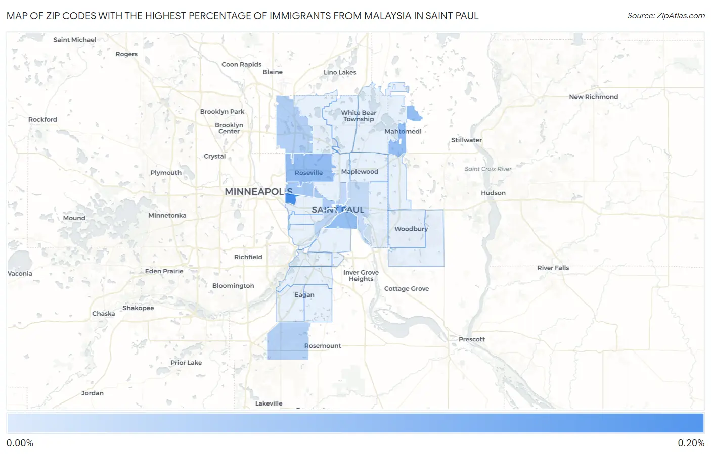 Zip Codes with the Highest Percentage of Immigrants from Malaysia in Saint Paul Map
