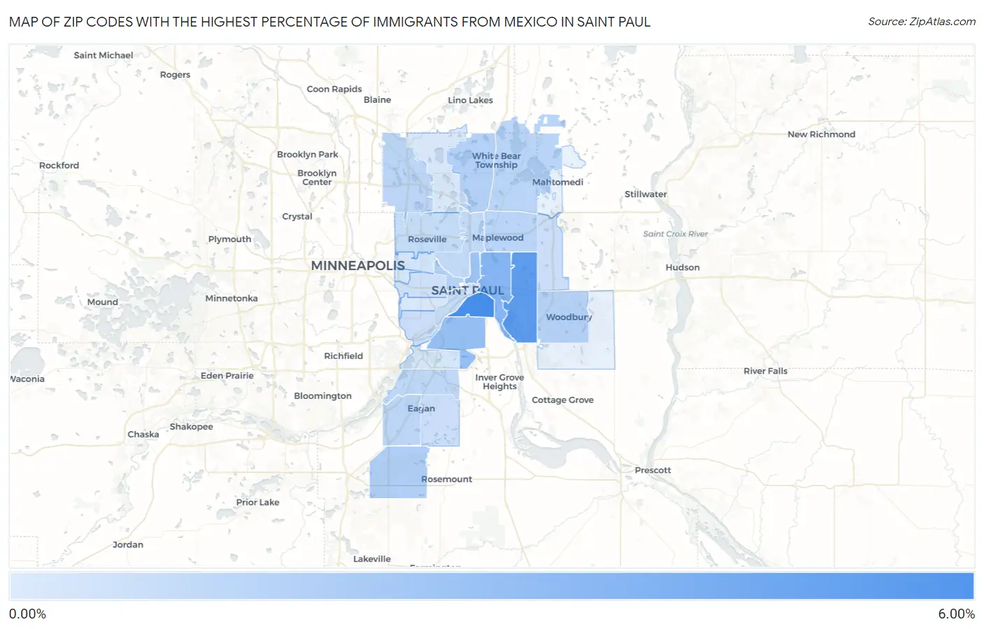 Zip Codes with the Highest Percentage of Immigrants from Mexico in Saint Paul Map