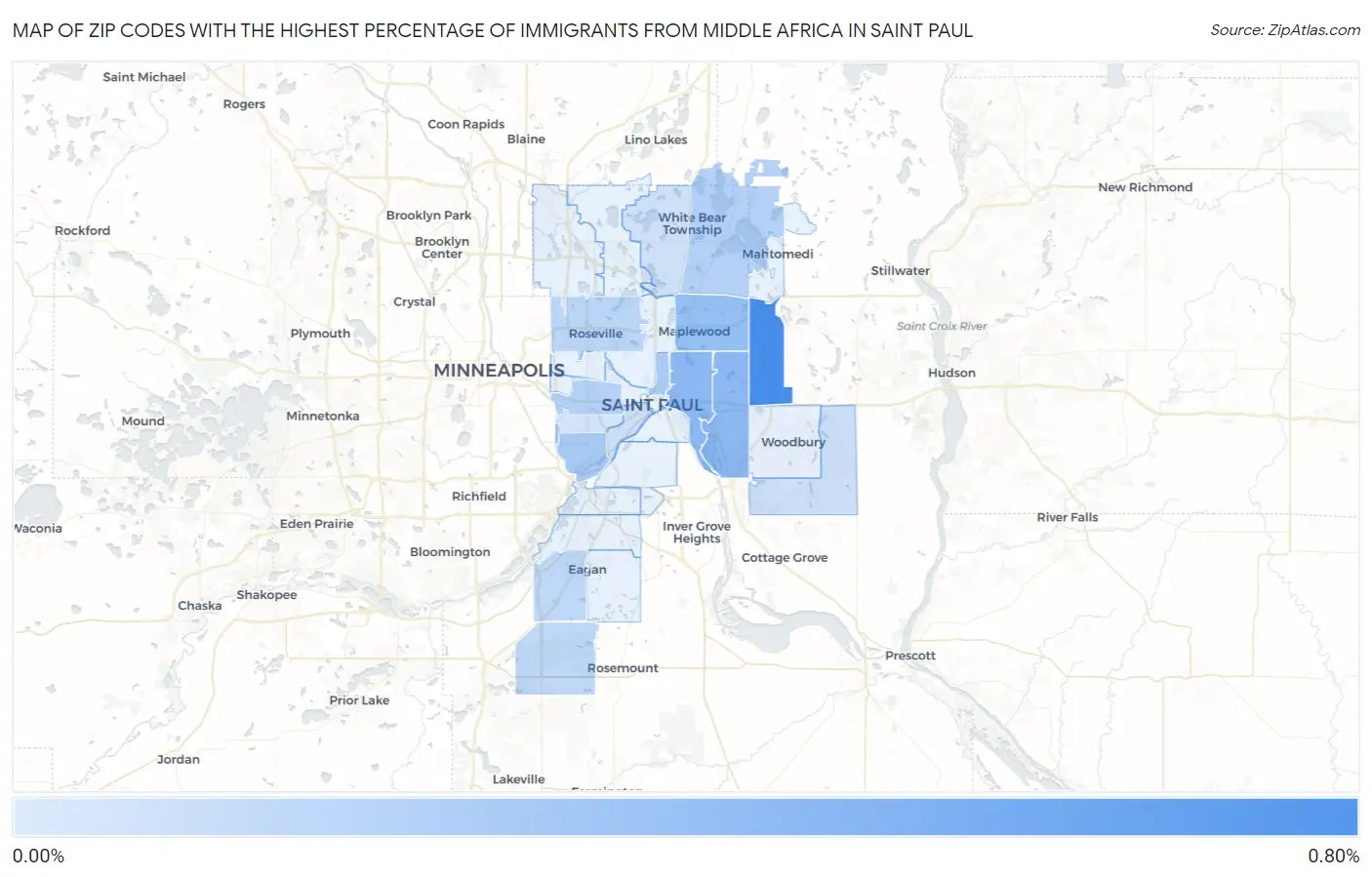 Zip Codes with the Highest Percentage of Immigrants from Middle Africa in Saint Paul Map