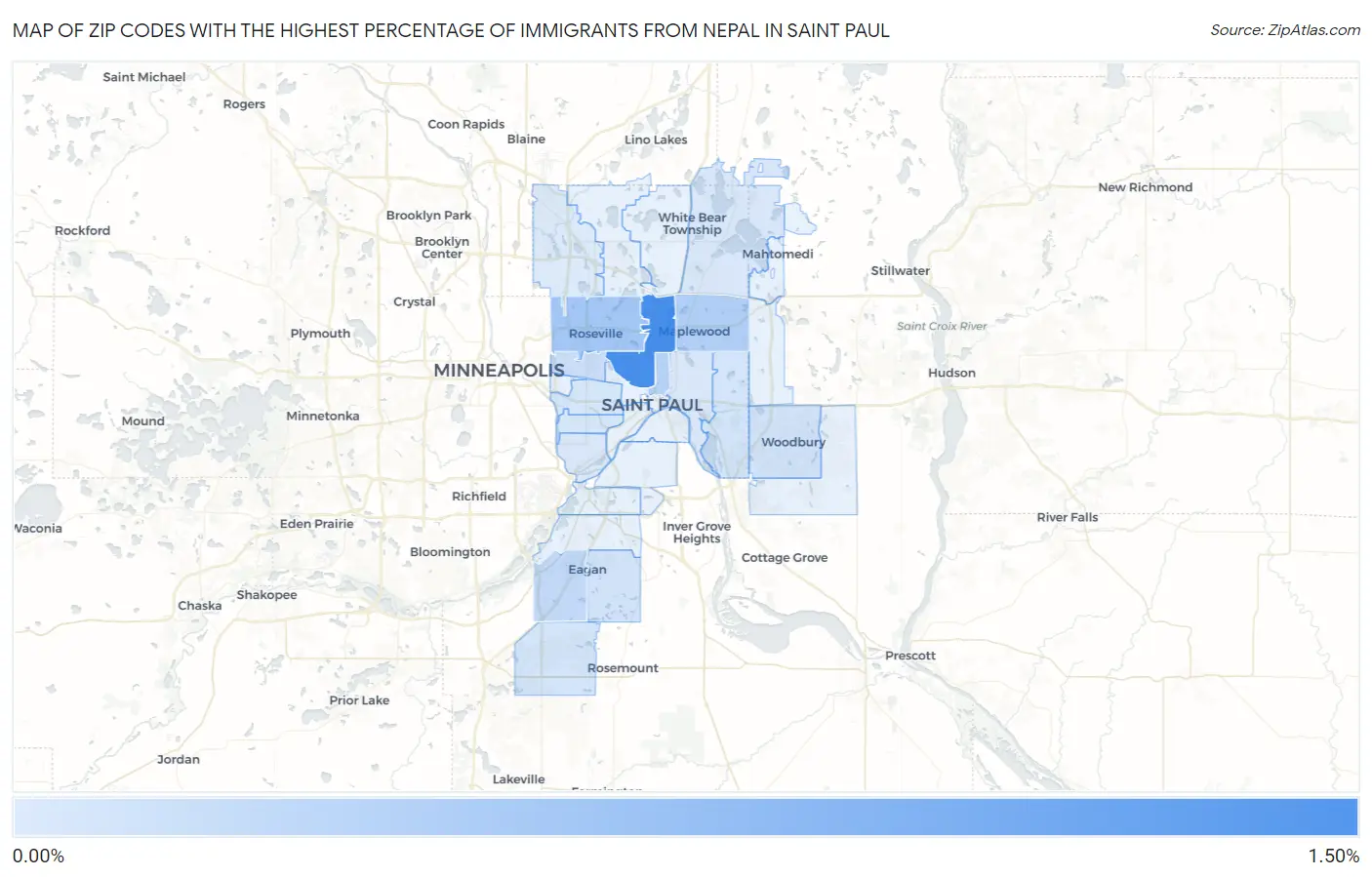 Zip Codes with the Highest Percentage of Immigrants from Nepal in Saint Paul Map