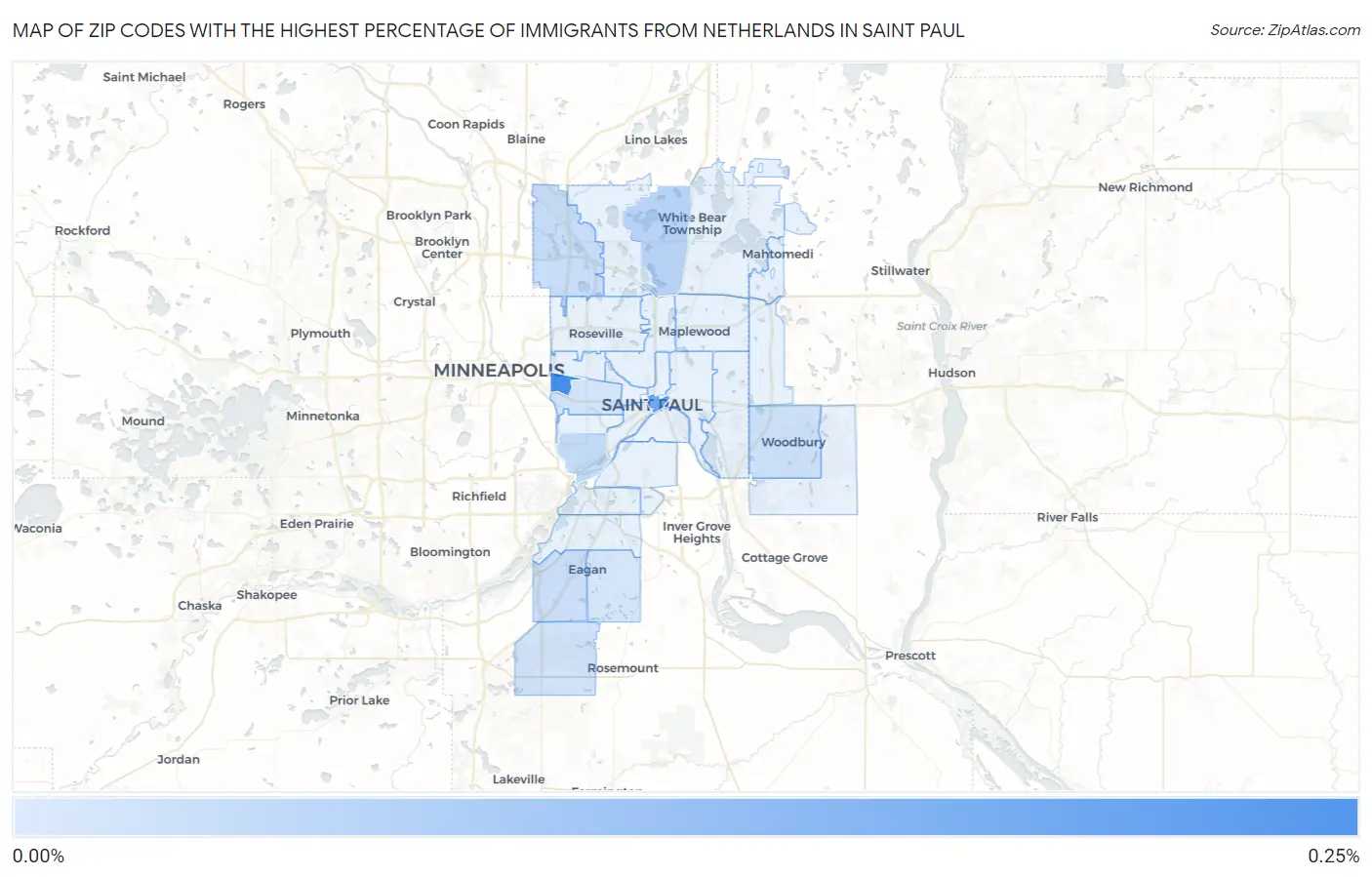 Zip Codes with the Highest Percentage of Immigrants from Netherlands in Saint Paul Map