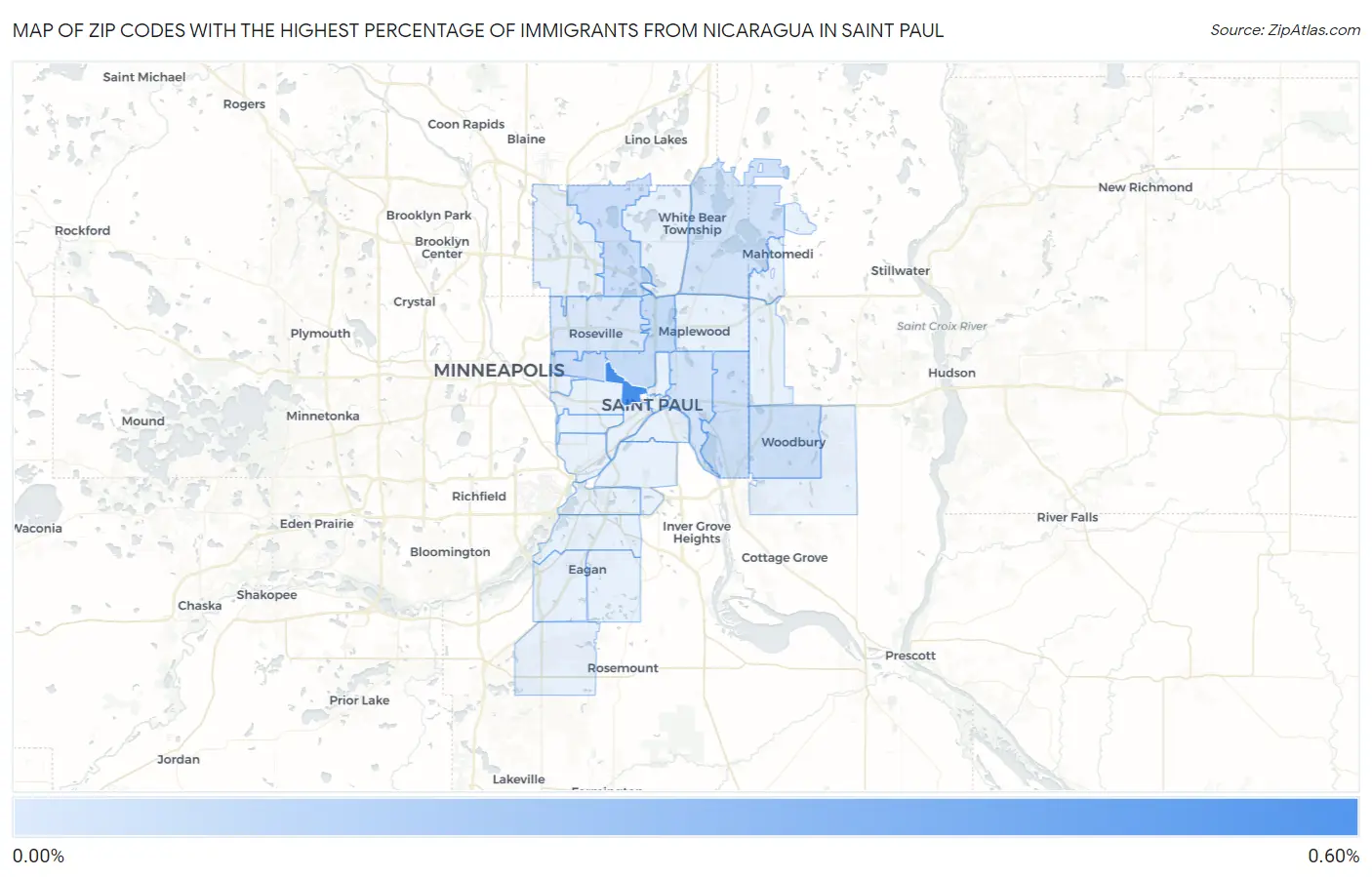 Zip Codes with the Highest Percentage of Immigrants from Nicaragua in Saint Paul Map