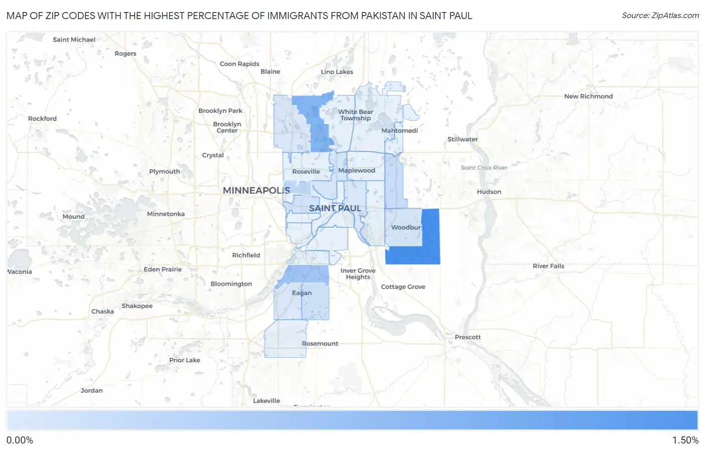 Zip Codes with the Highest Percentage of Immigrants from Pakistan in Saint Paul Map