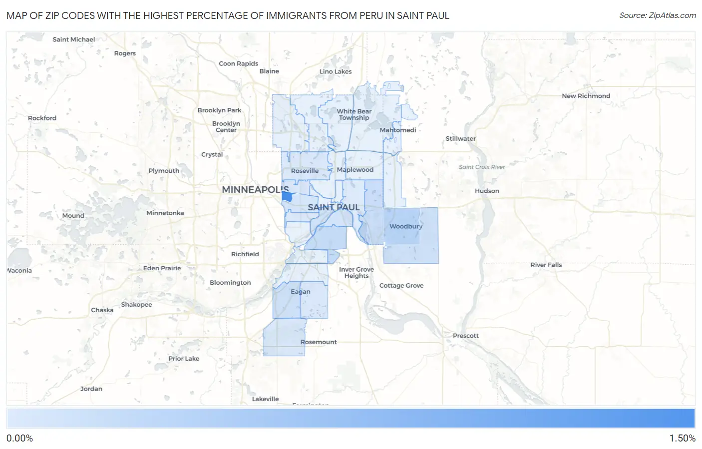 Zip Codes with the Highest Percentage of Immigrants from Peru in Saint Paul Map