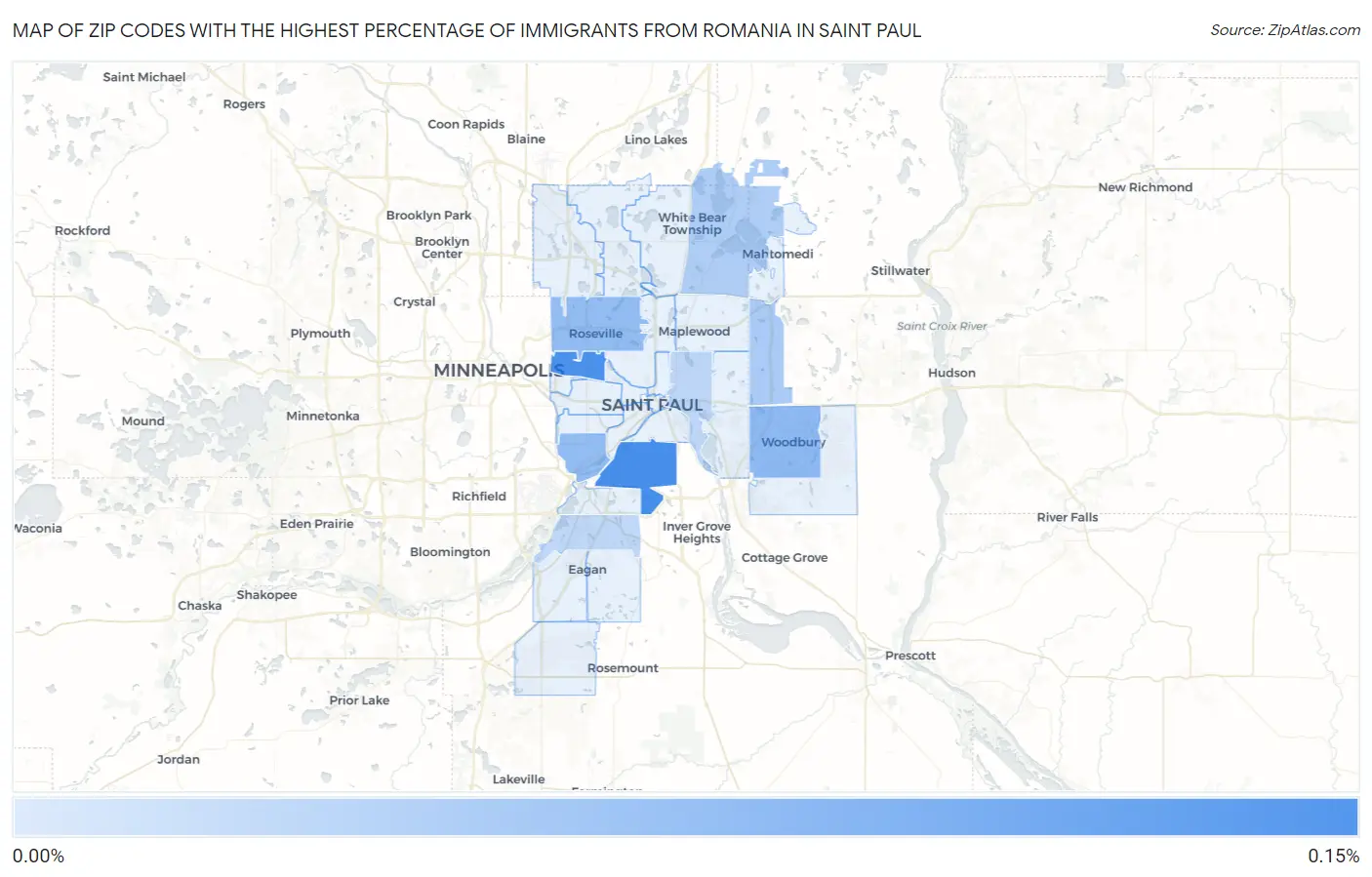 Zip Codes with the Highest Percentage of Immigrants from Romania in Saint Paul Map