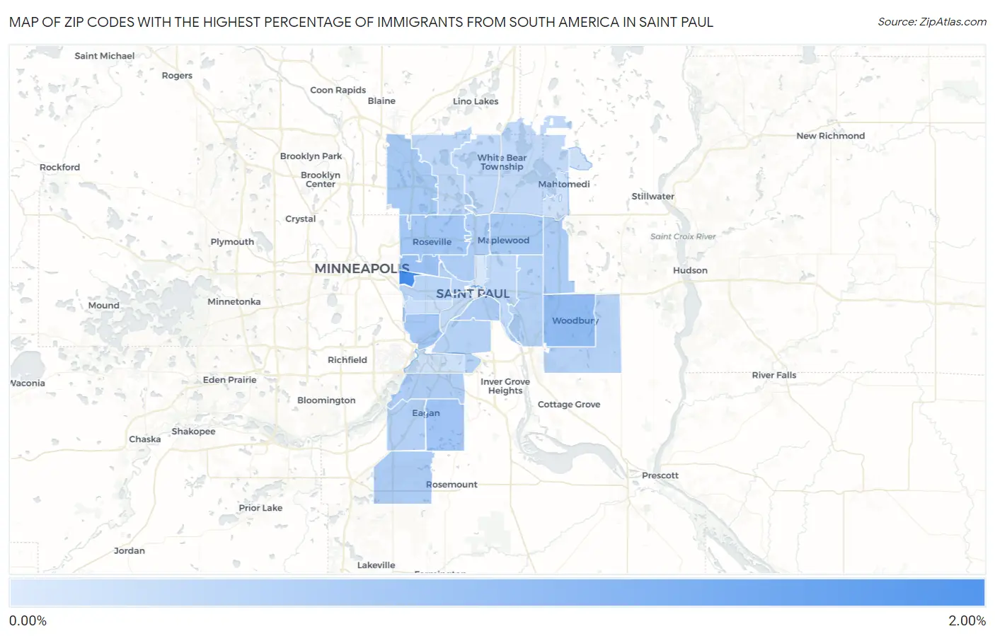 Zip Codes with the Highest Percentage of Immigrants from South America in Saint Paul Map