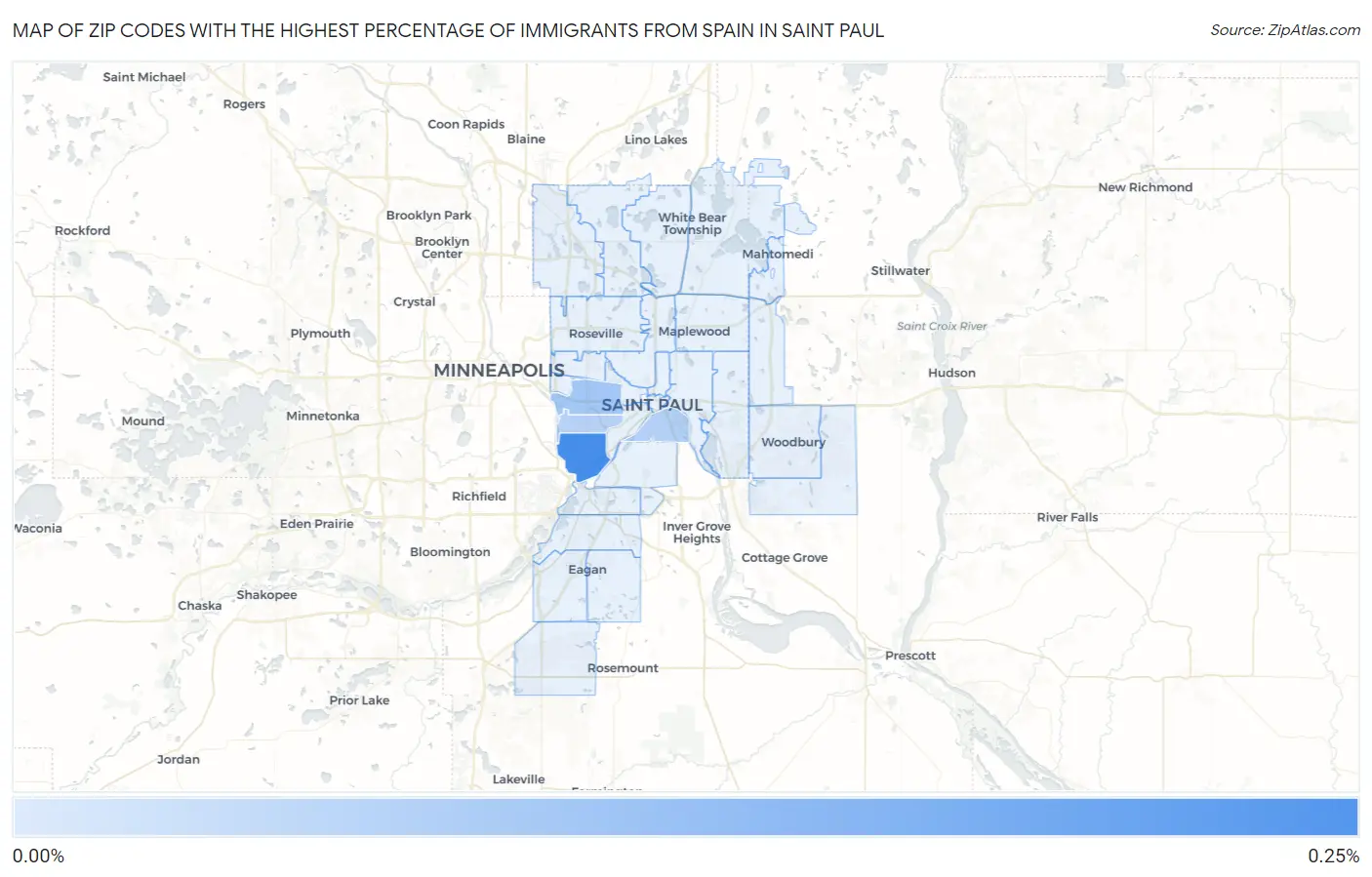 Zip Codes with the Highest Percentage of Immigrants from Spain in Saint Paul Map