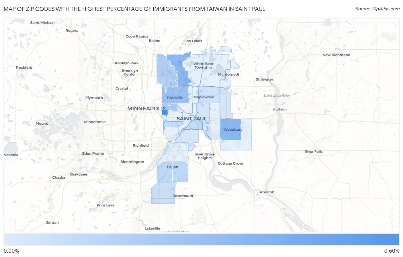 Zip Codes with the Highest Percentage of Immigrants from Taiwan in Saint Paul Map