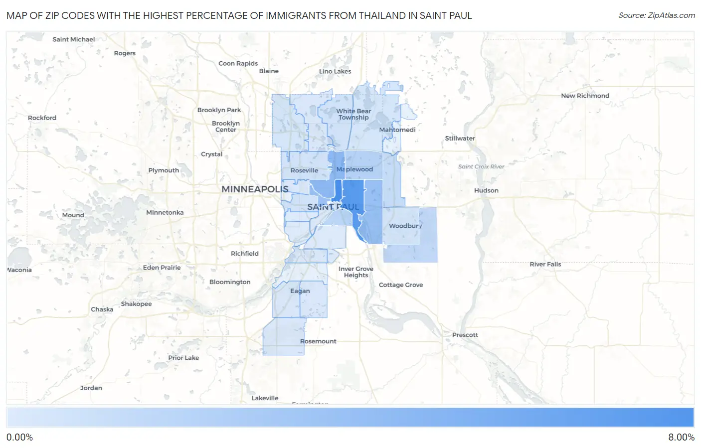 Zip Codes with the Highest Percentage of Immigrants from Thailand in Saint Paul Map