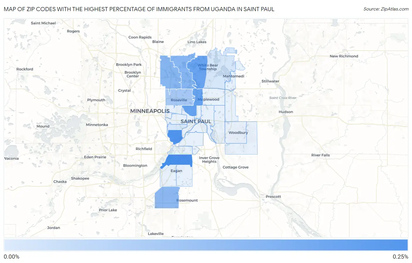 Zip Codes with the Highest Percentage of Immigrants from Uganda in Saint Paul Map