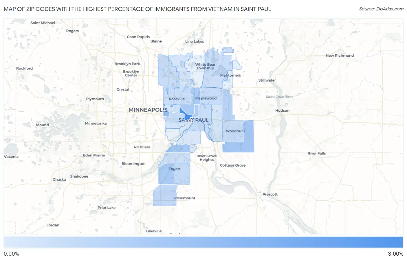Zip Codes with the Highest Percentage of Immigrants from Vietnam in Saint Paul Map