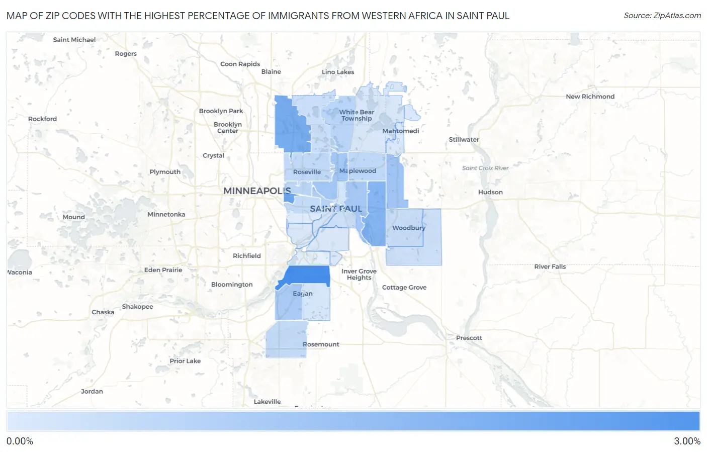 Zip Codes with the Highest Percentage of Immigrants from Western Africa in Saint Paul Map