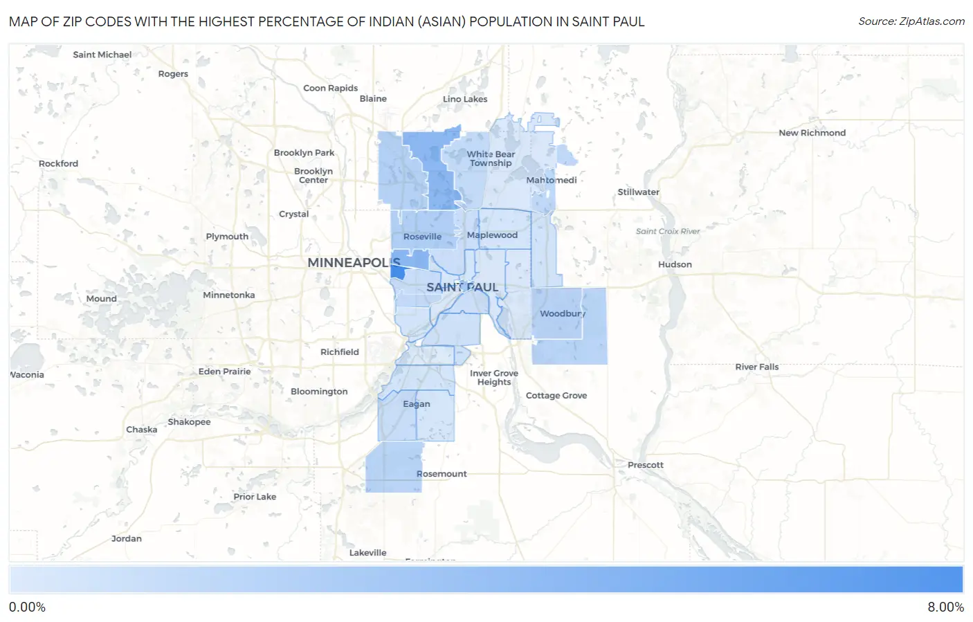 Zip Codes with the Highest Percentage of Indian (Asian) Population in Saint Paul Map