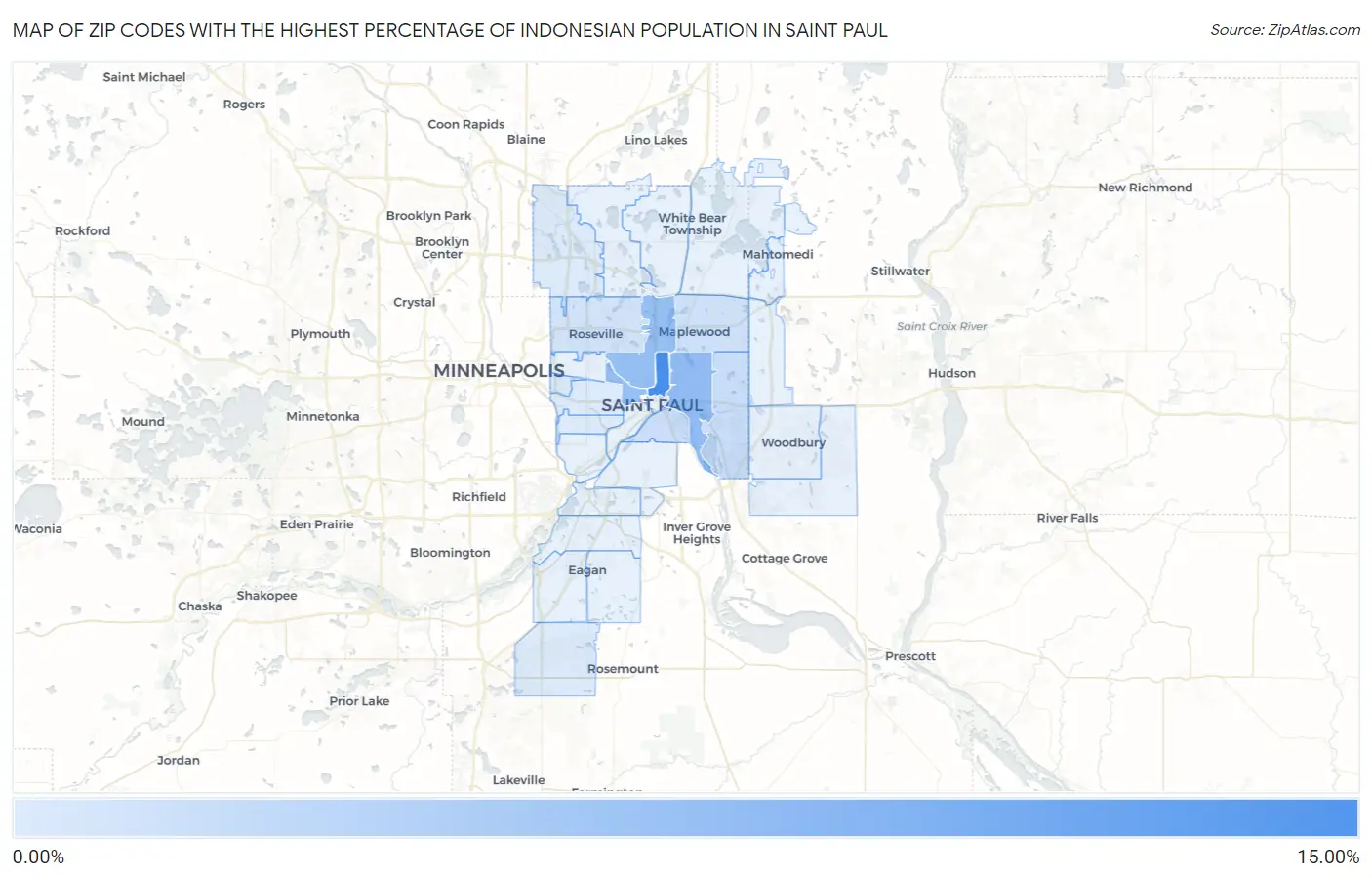Zip Codes with the Highest Percentage of Indonesian Population in Saint Paul Map