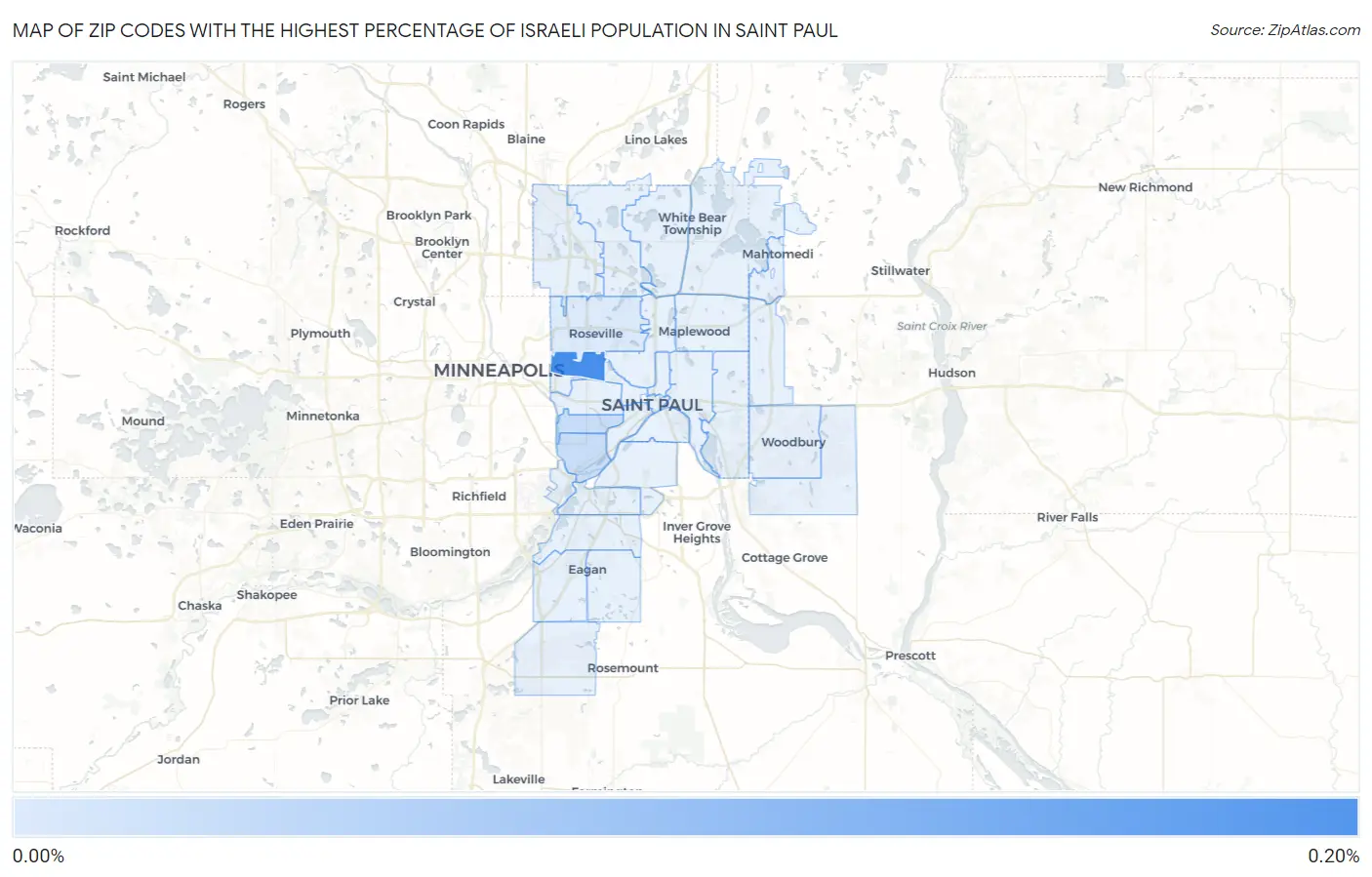 Zip Codes with the Highest Percentage of Israeli Population in Saint Paul Map