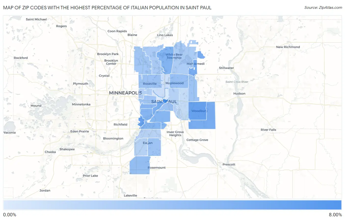 Zip Codes with the Highest Percentage of Italian Population in Saint Paul Map