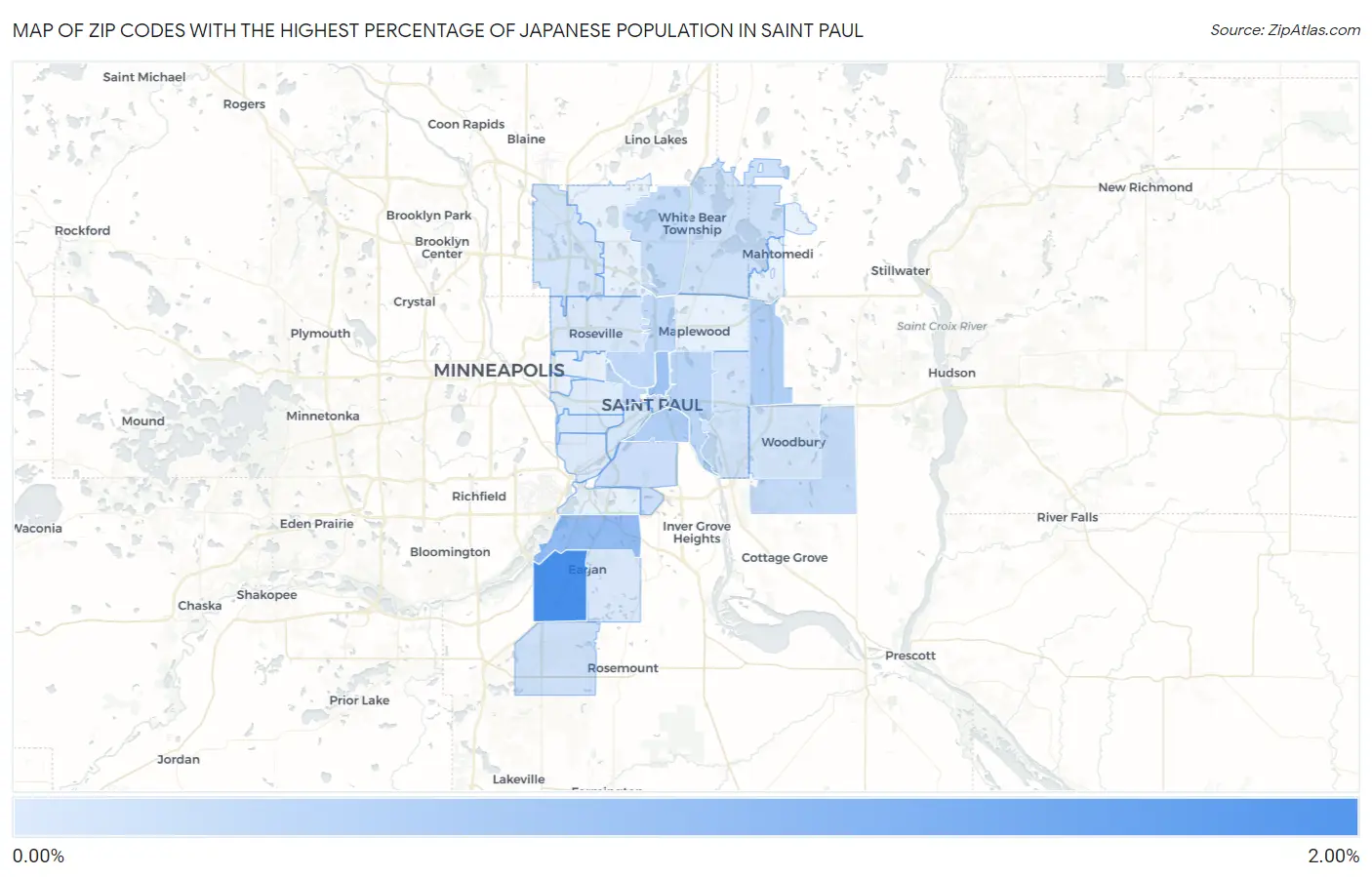 Zip Codes with the Highest Percentage of Japanese Population in Saint Paul Map