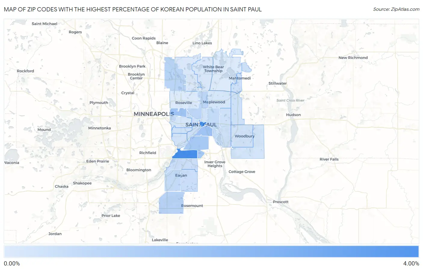 Zip Codes with the Highest Percentage of Korean Population in Saint Paul Map