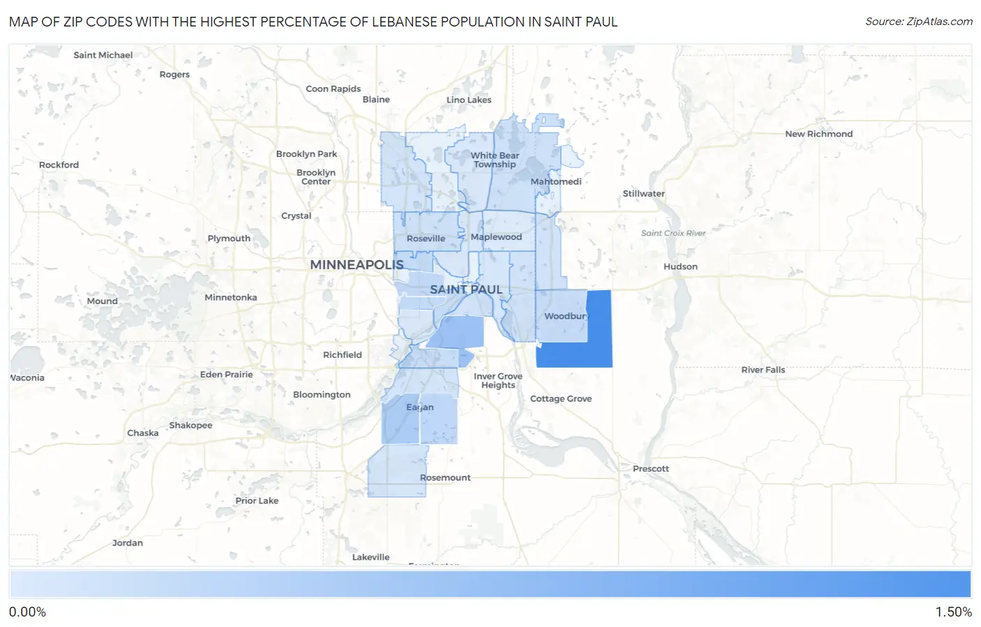 Zip Codes with the Highest Percentage of Lebanese Population in Saint Paul Map