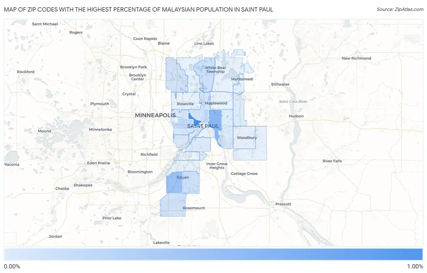 Zip Codes with the Highest Percentage of Malaysian Population in Saint Paul Map