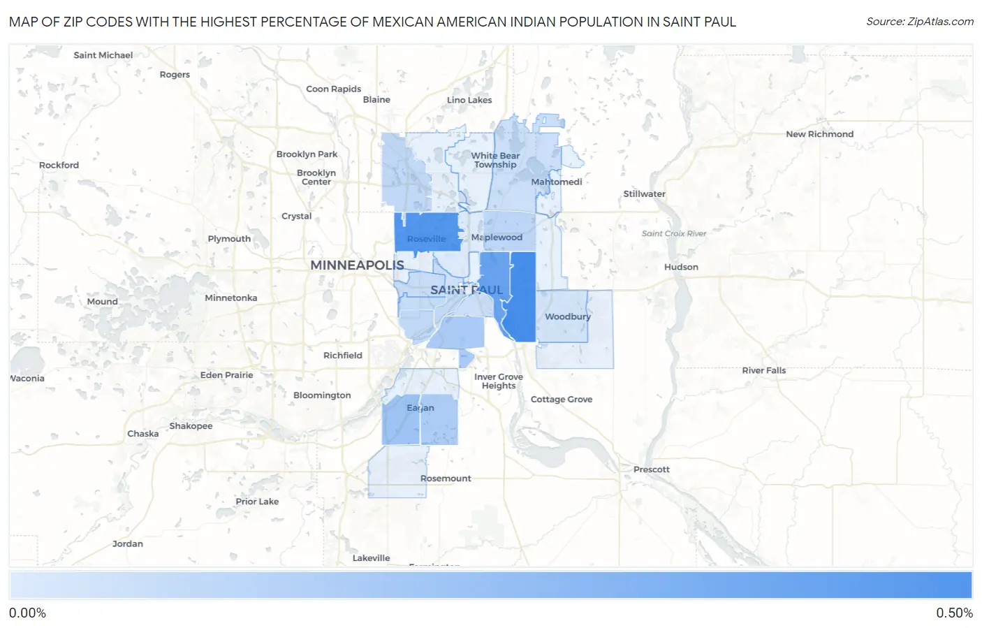 Zip Codes with the Highest Percentage of Mexican American Indian Population in Saint Paul Map