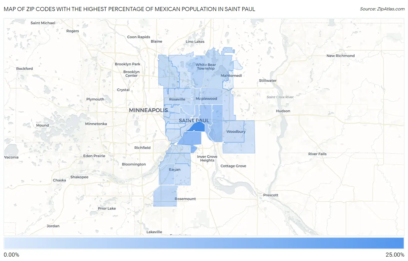 Zip Codes with the Highest Percentage of Mexican Population in Saint Paul Map
