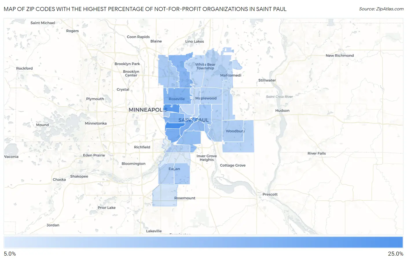 Zip Codes with the Highest Percentage of Not-for-profit Organizations in Saint Paul Map
