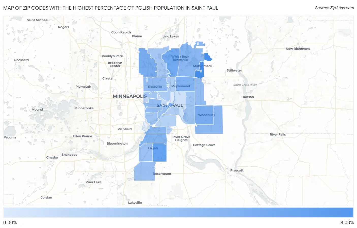 Zip Codes with the Highest Percentage of Polish Population in Saint Paul Map