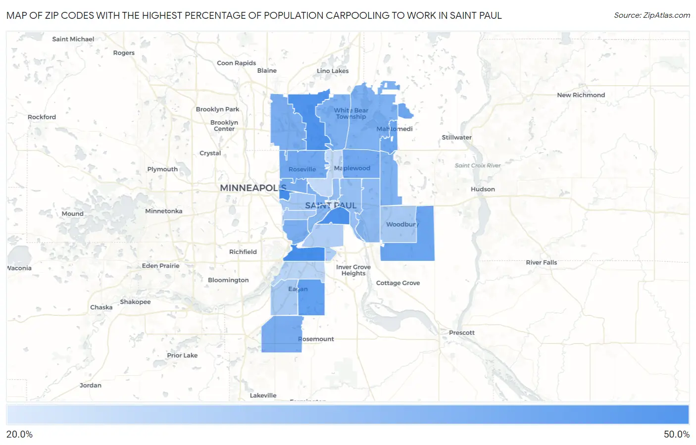 Zip Codes with the Highest Percentage of Population Carpooling to Work in Saint Paul Map