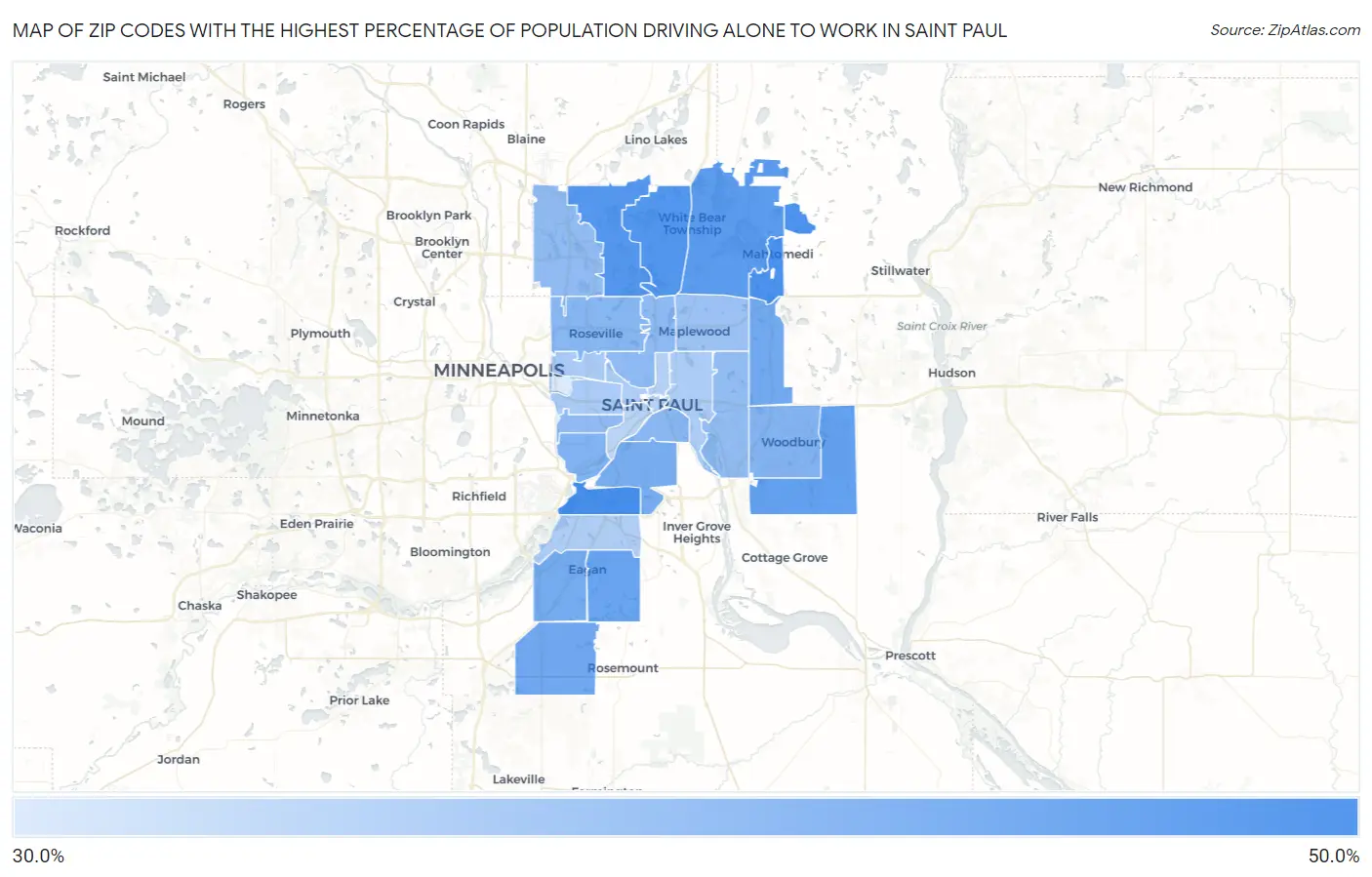 Zip Codes with the Highest Percentage of Population Driving Alone to Work in Saint Paul Map