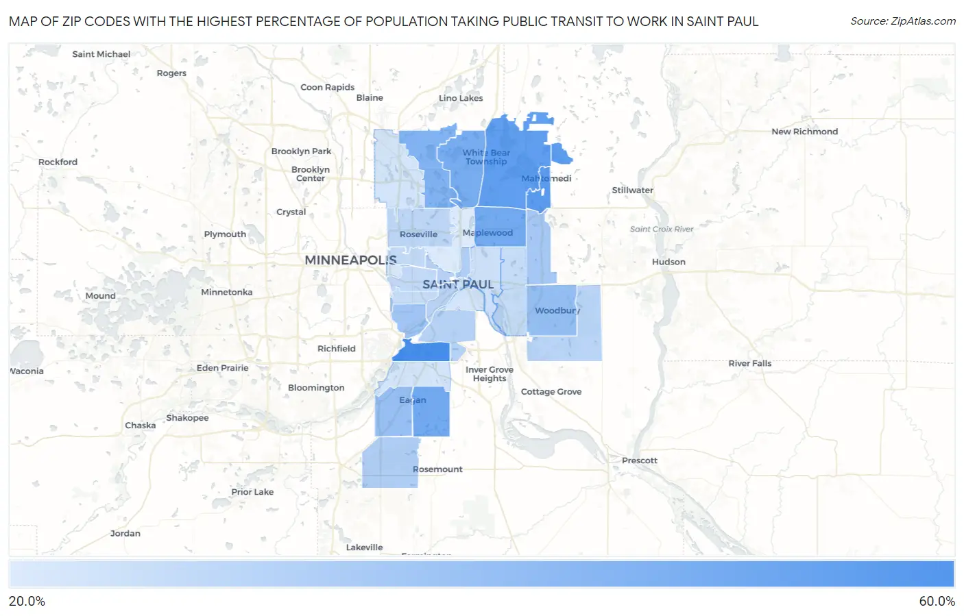 Zip Codes with the Highest Percentage of Population Taking Public Transit to Work in Saint Paul Map