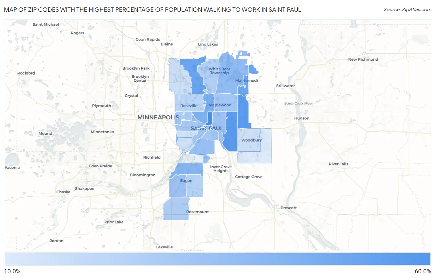 Zip Codes with the Highest Percentage of Population Walking to Work in Saint Paul Map