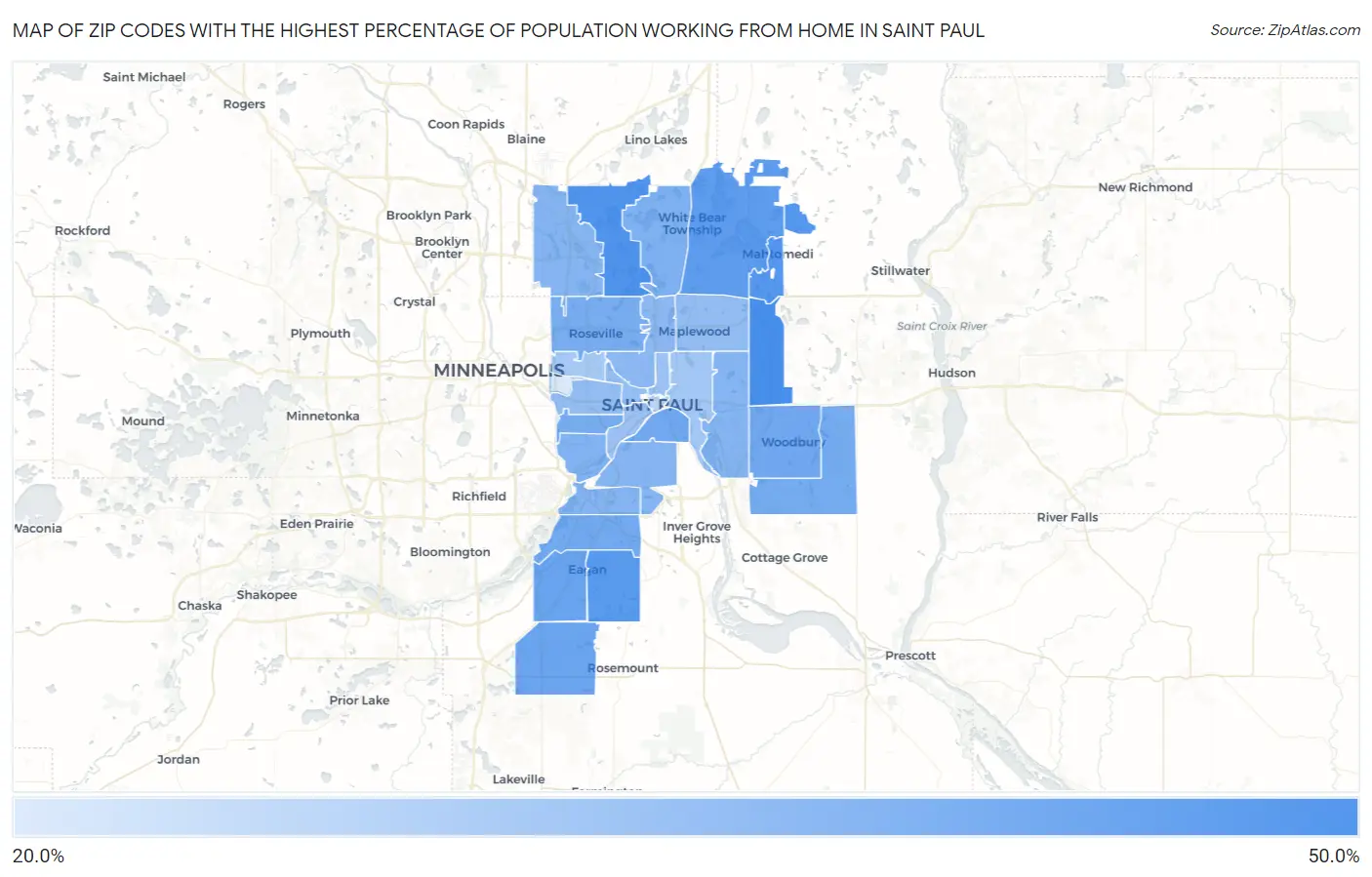 Zip Codes with the Highest Percentage of Population Working from Home in Saint Paul Map