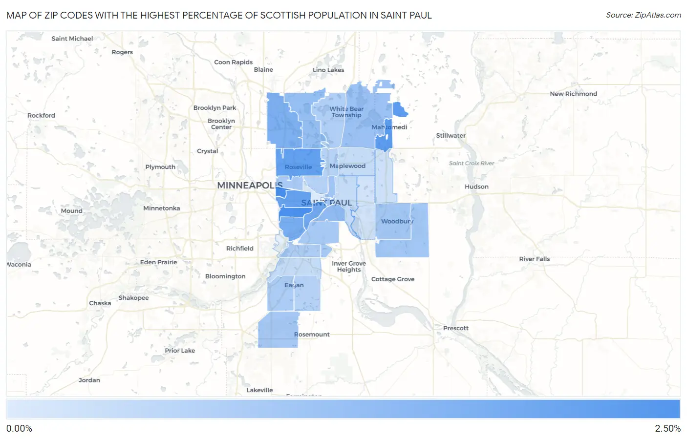 Zip Codes with the Highest Percentage of Scottish Population in Saint Paul Map
