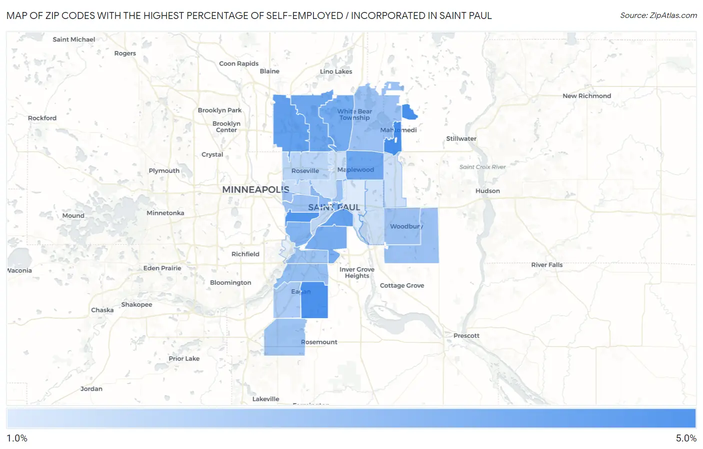 Zip Codes with the Highest Percentage of Self-Employed / Incorporated in Saint Paul Map