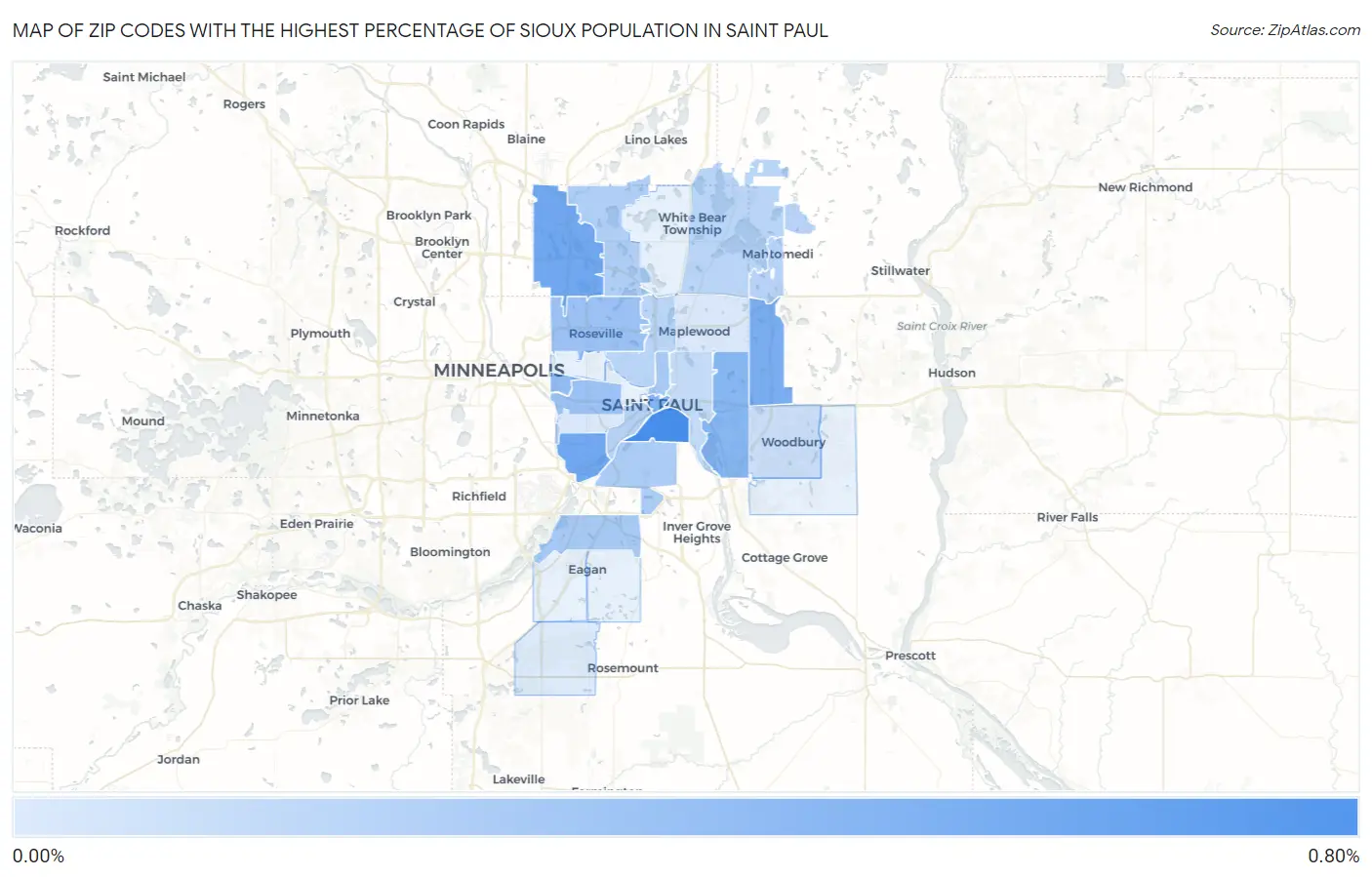Zip Codes with the Highest Percentage of Sioux Population in Saint Paul Map