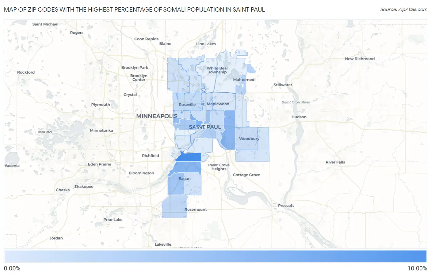 Zip Codes with the Highest Percentage of Somali Population in Saint Paul Map