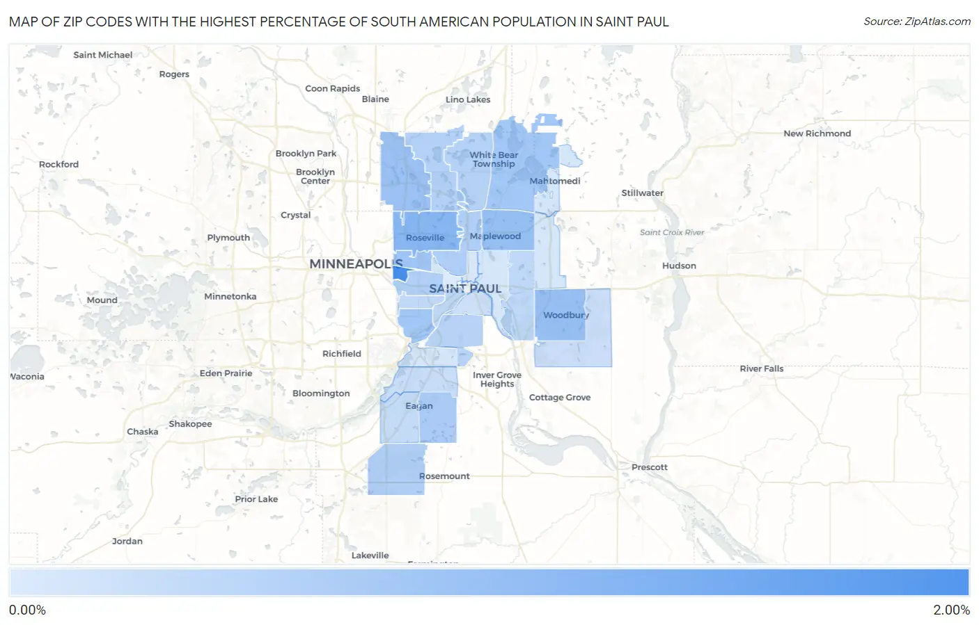 Zip Codes with the Highest Percentage of South American Population in Saint Paul Map