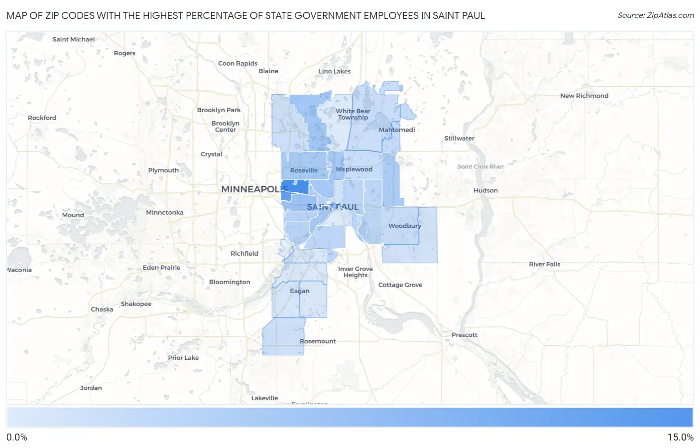 Zip Codes with the Highest Percentage of State Government Employees in Saint Paul Map
