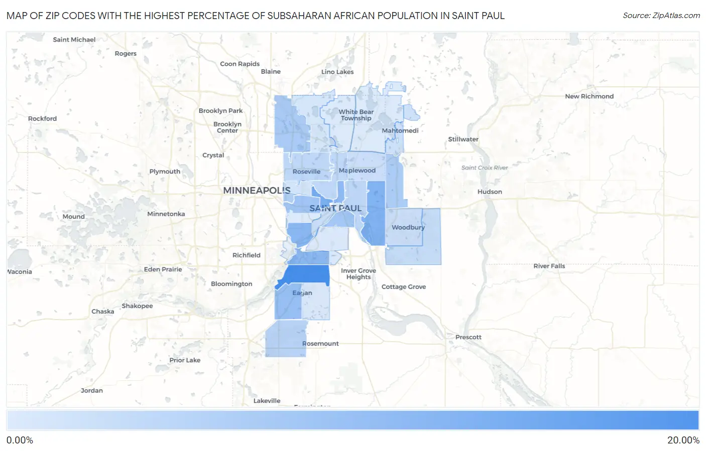 Zip Codes with the Highest Percentage of Subsaharan African Population in Saint Paul Map