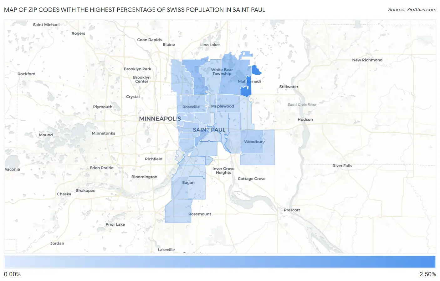 Zip Codes with the Highest Percentage of Swiss Population in Saint Paul Map