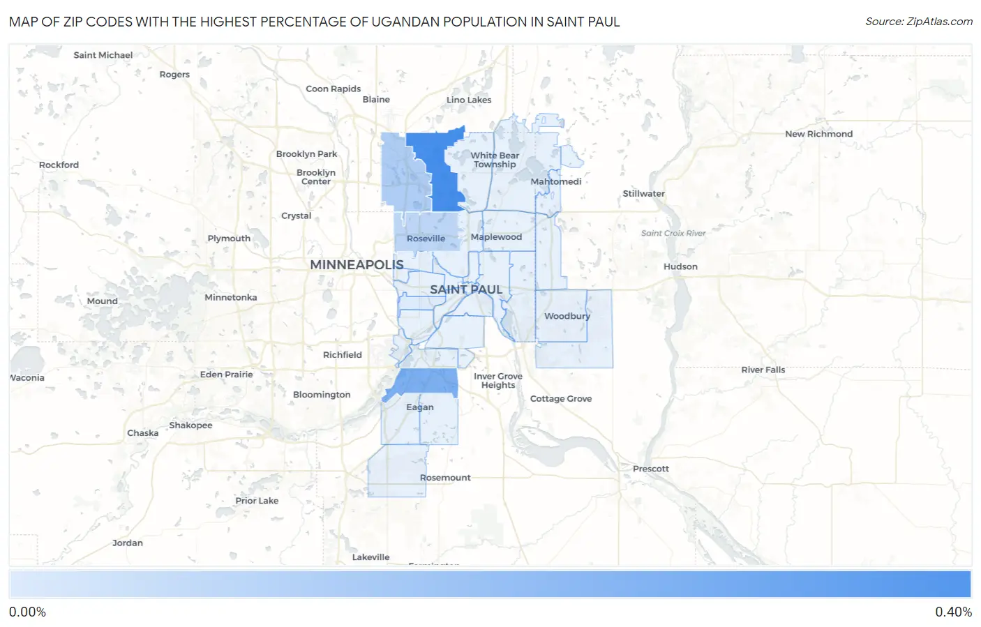 Zip Codes with the Highest Percentage of Ugandan Population in Saint Paul Map