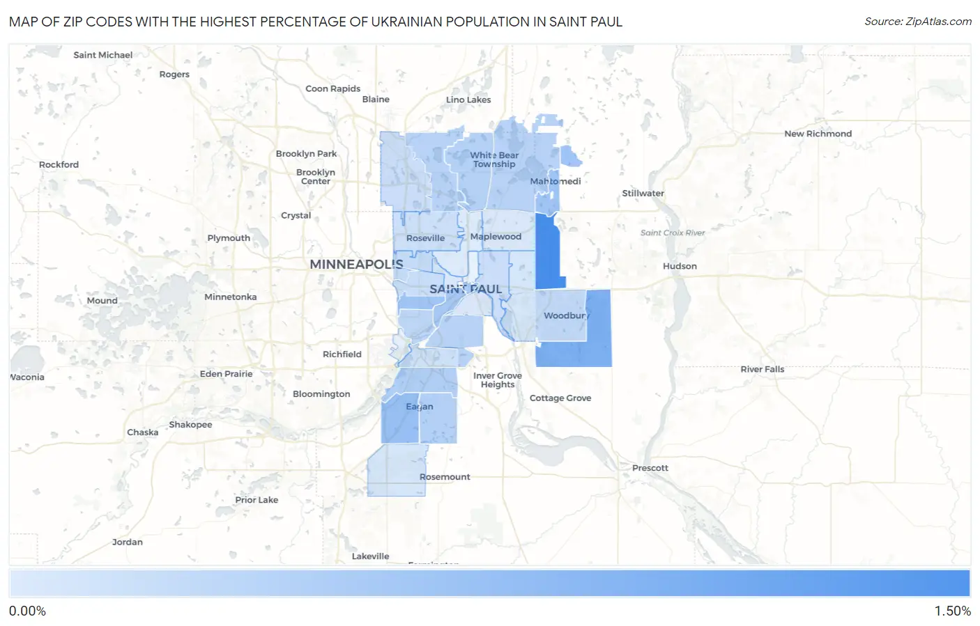Zip Codes with the Highest Percentage of Ukrainian Population in Saint Paul Map