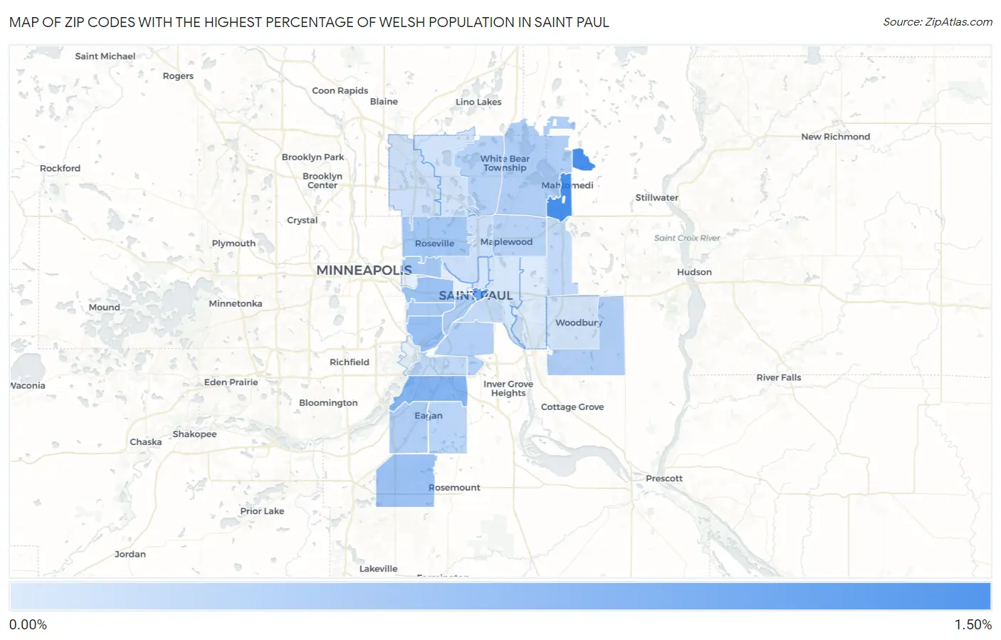 Zip Codes with the Highest Percentage of Welsh Population in Saint Paul Map