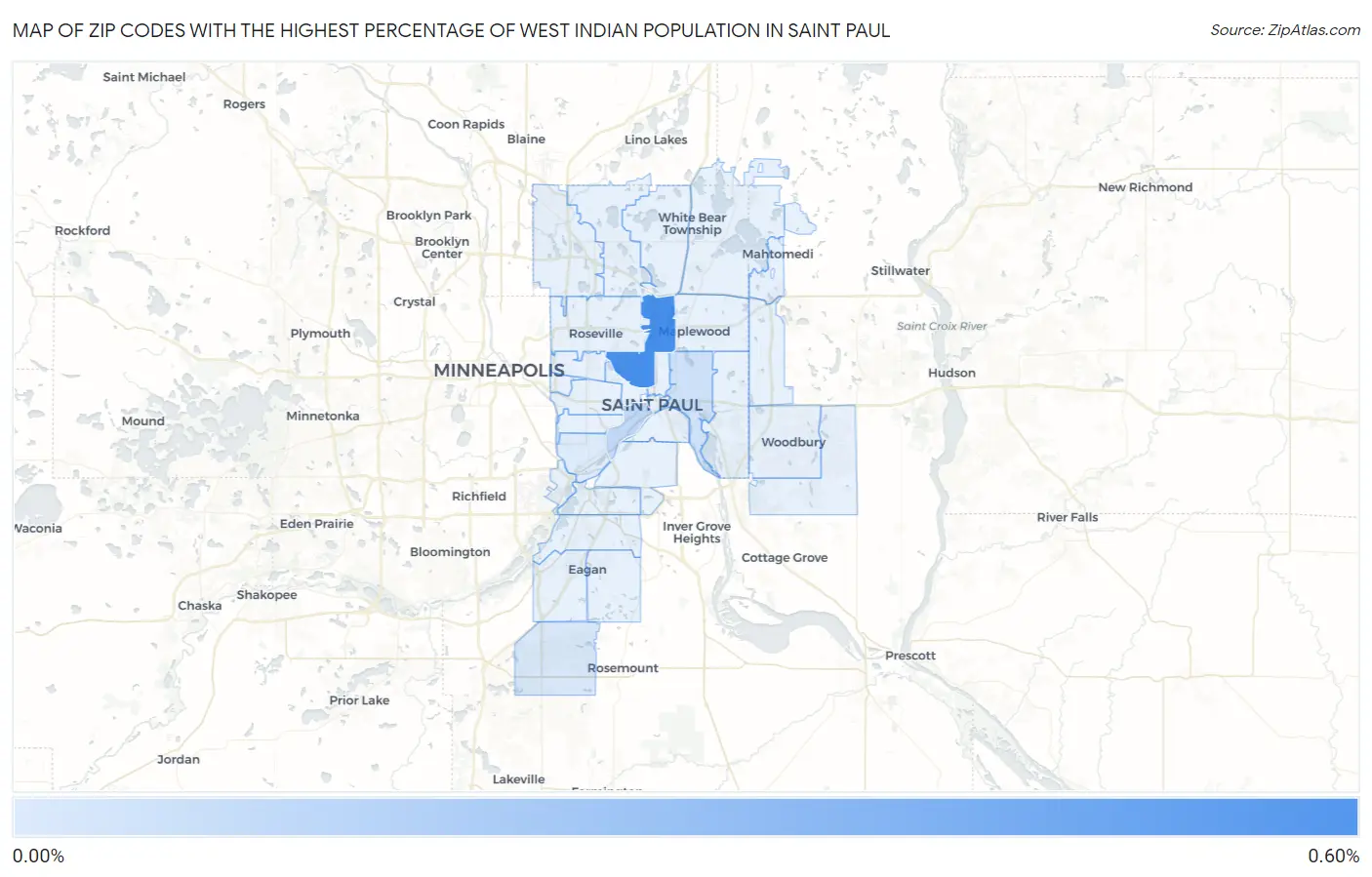 Zip Codes with the Highest Percentage of West Indian Population in Saint Paul Map